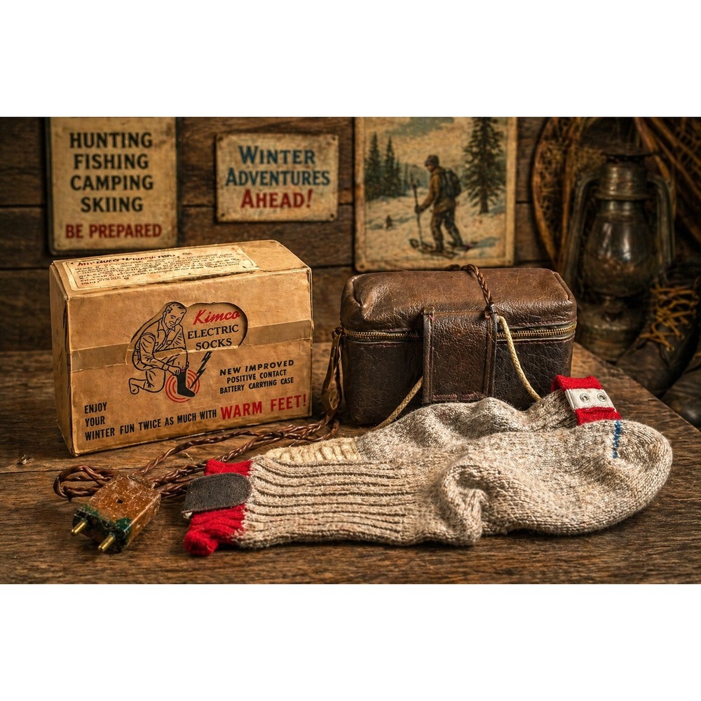 Vintage Kimco Electric Heated Socks with Original Box and Battery Case Grey Red